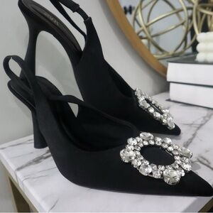 Elegant Black Slingback Heels with Crystal Embellishments